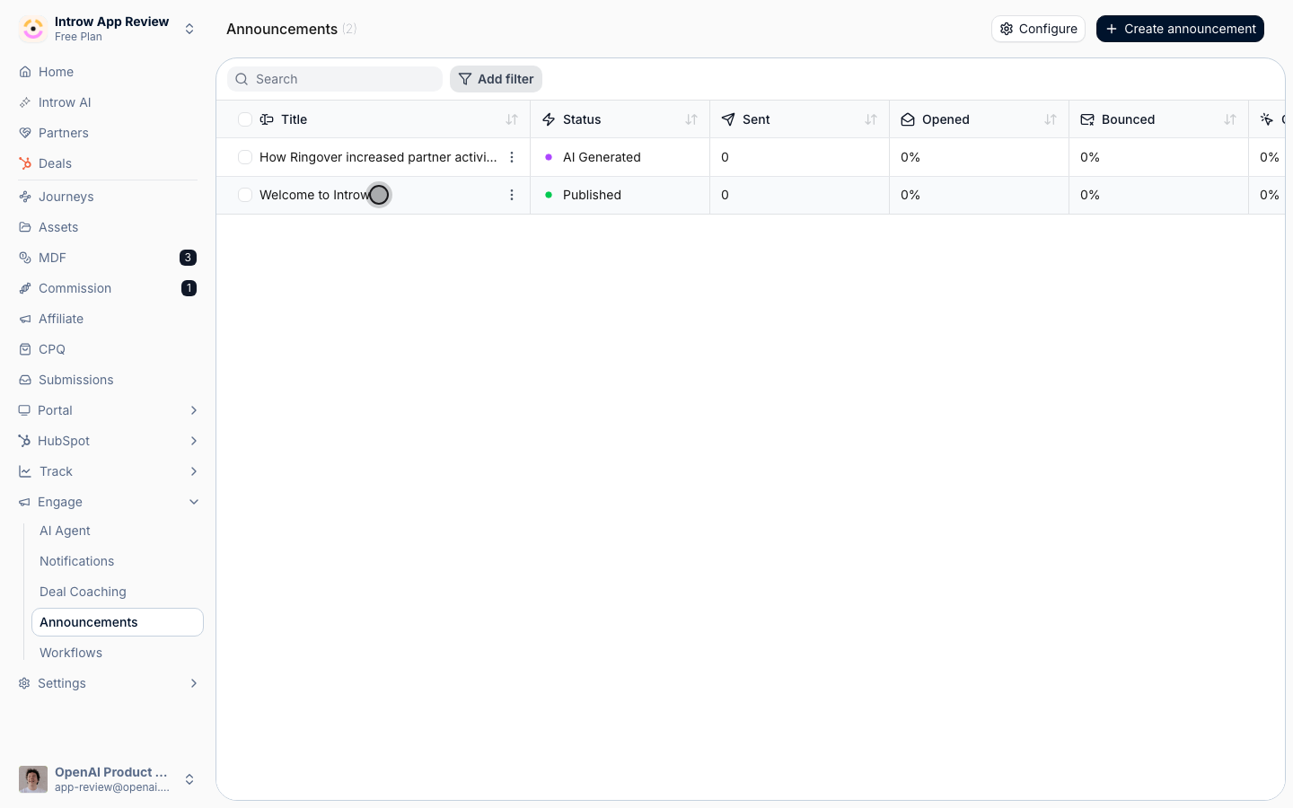 Open a published announcement to see how partners engaged.