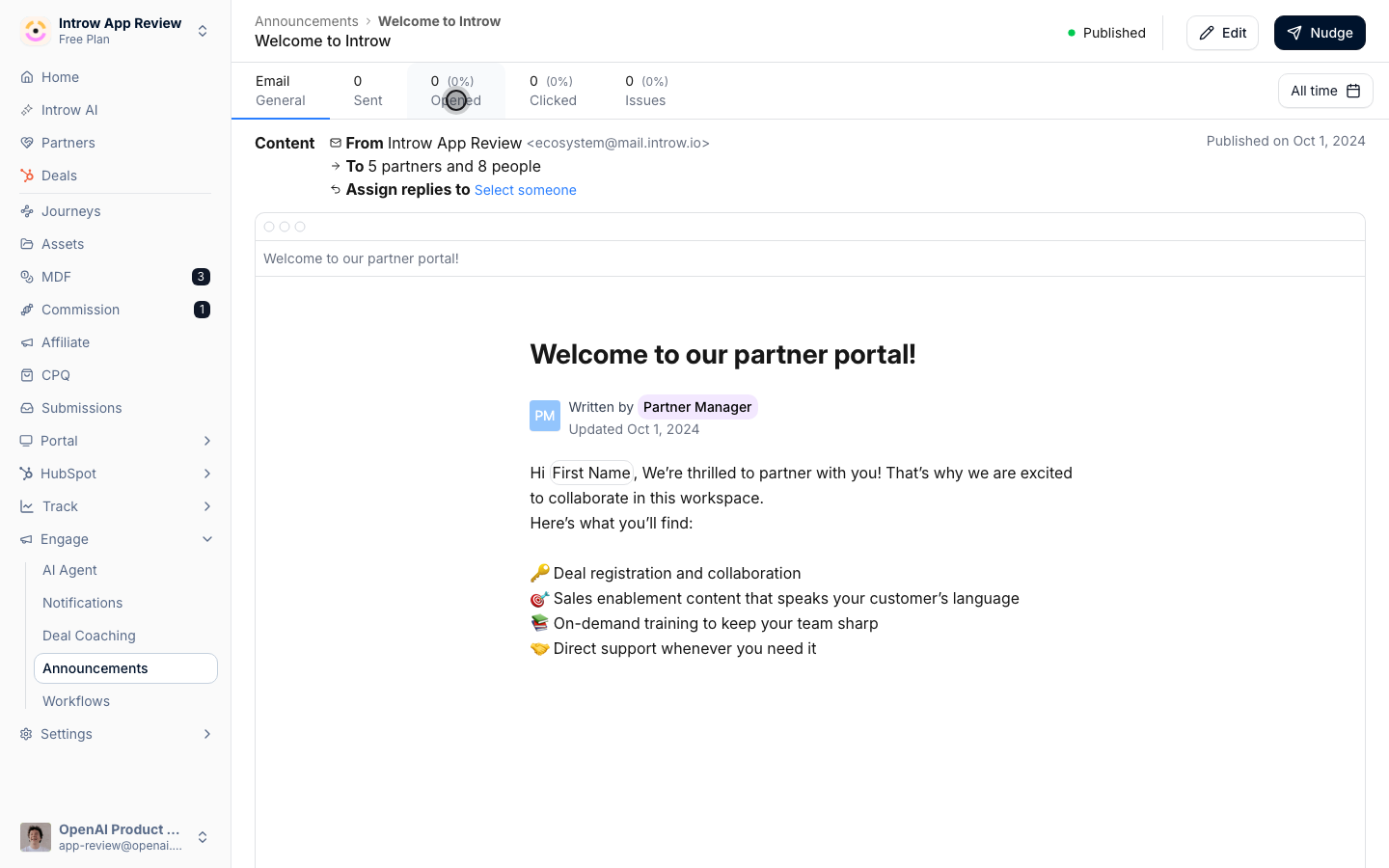 Opened shows the open count and rate.