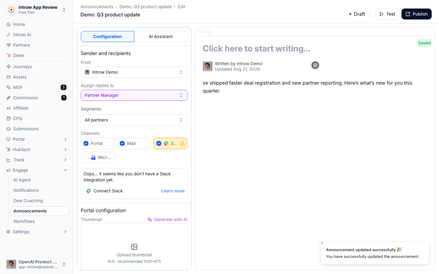 Write the update in your own voice; it saves as you type.