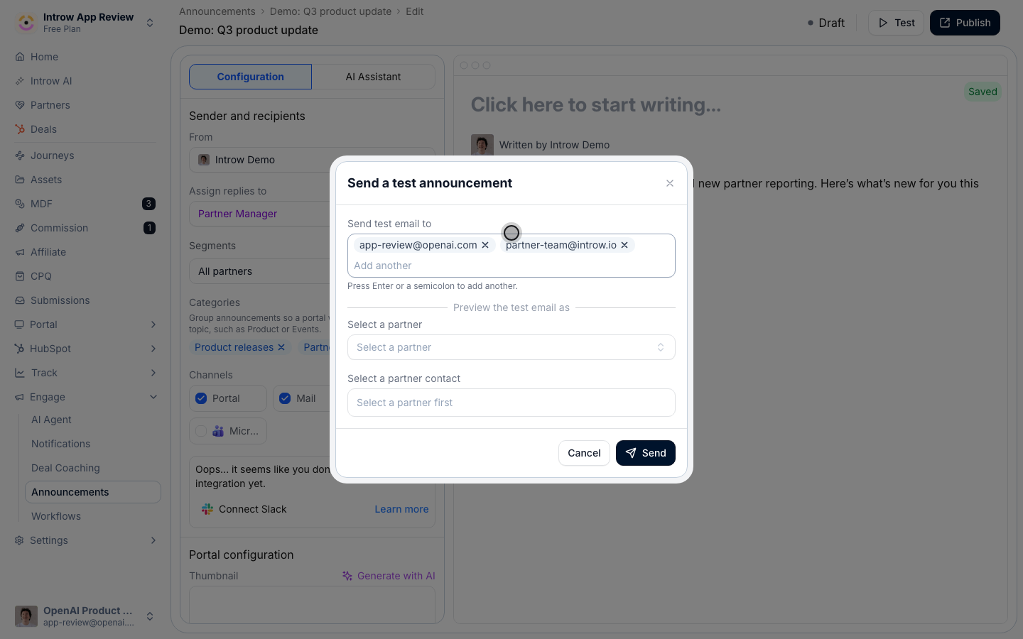 Send a test announcement with two recipients as pills and the Preview the test email as partner and contact pickers.
