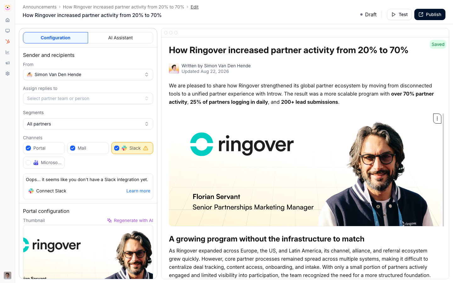 The announcement composer: the sender, the reply owner, the segments it targets and the portal, mail, Slack and Teams channels on the left, the drafted announcement on the right.