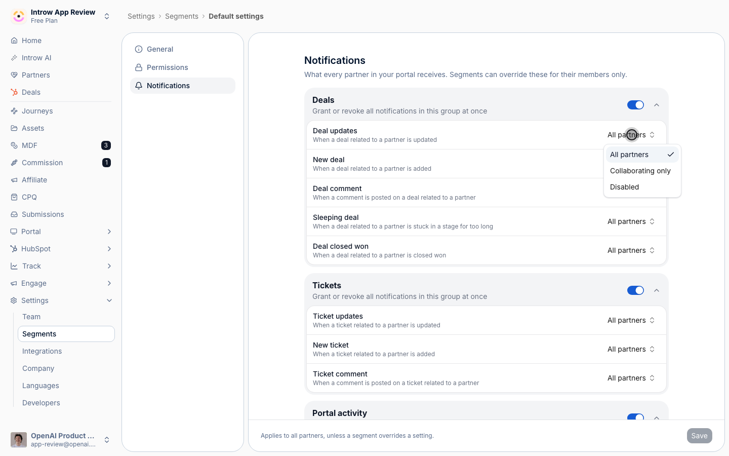 One value carries the whole email decision: there is no separate channel checkbox.