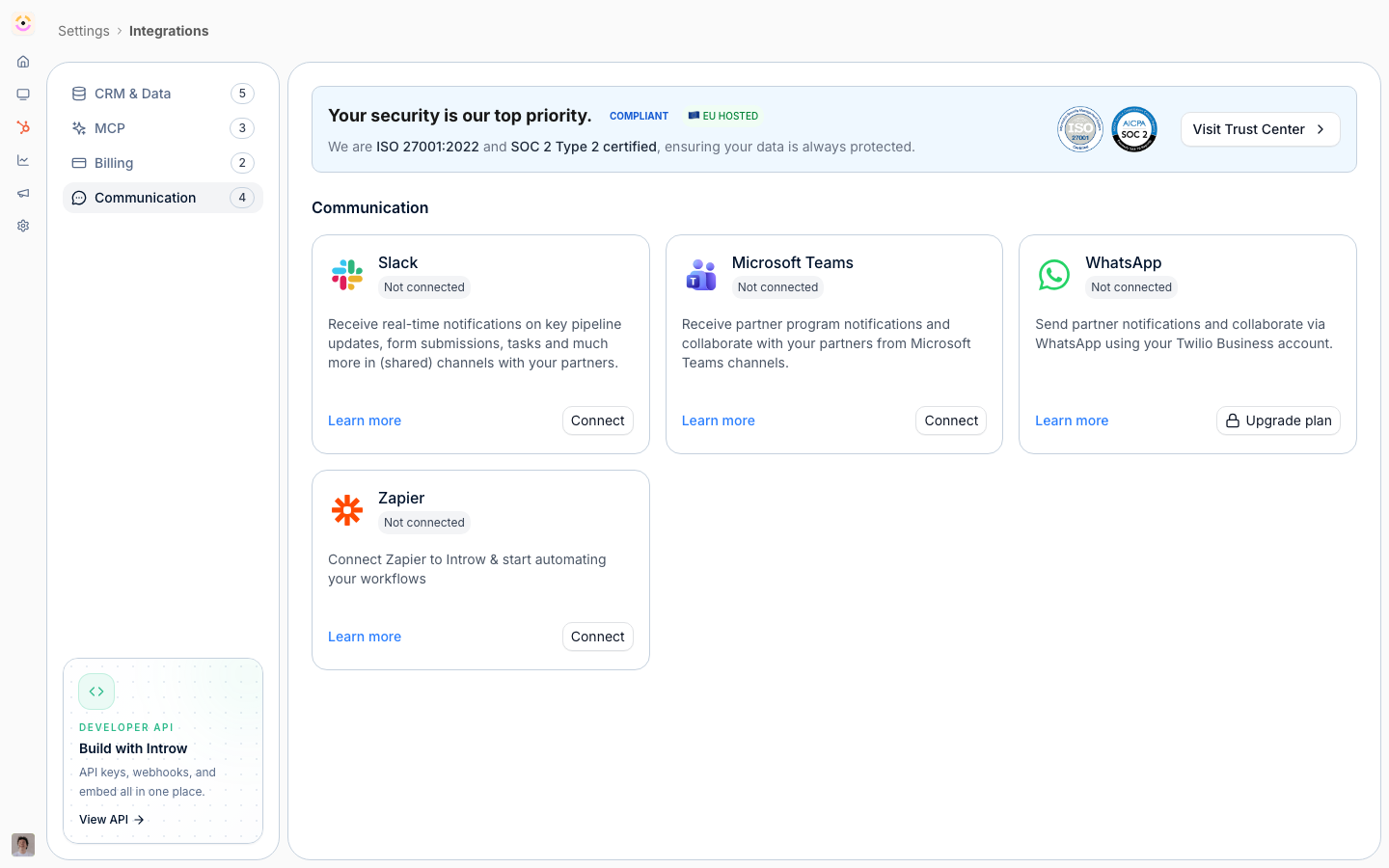 The Communication integrations, where Slack, Microsoft Teams and WhatsApp are connected so partner notifications reach the channels partners already use.