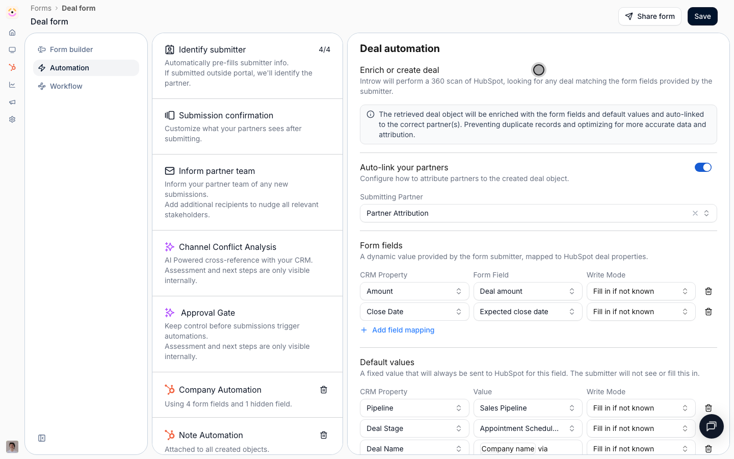 On submit, this automation writes one CRM object - here it enriches or creates a deal. Add one per object a form should affect.