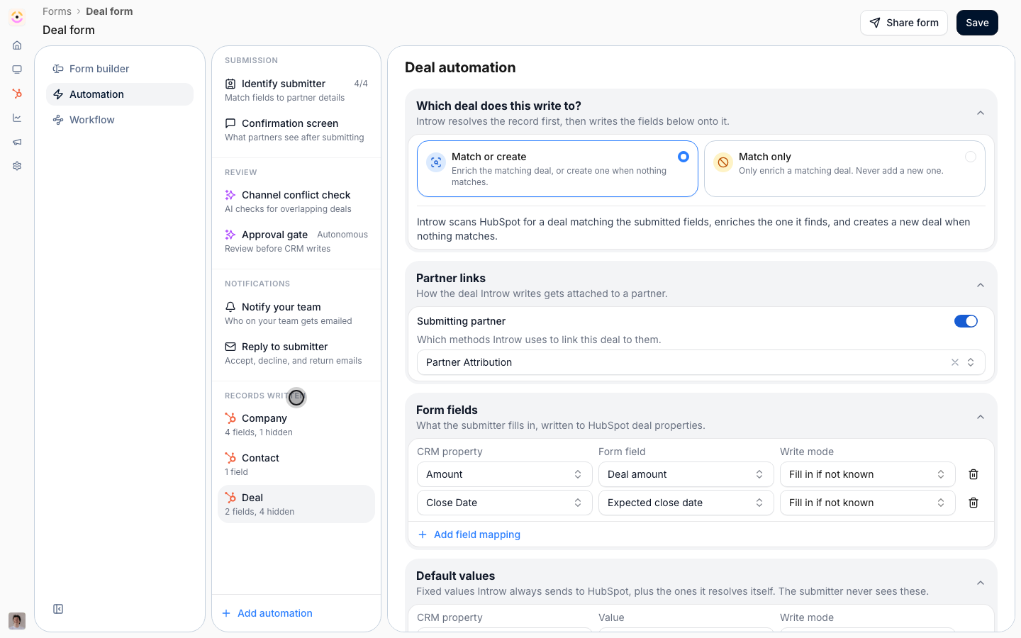 The Automation tab, with Submission, Review, Notifications and Records written in the column beside the form, and the Deal automation open.