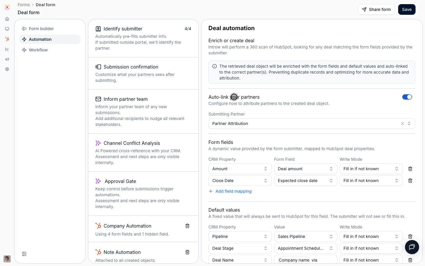 Auto-link ties every created or updated record to the submitting partner using the attribution method you already defined - no per-form wiring.
