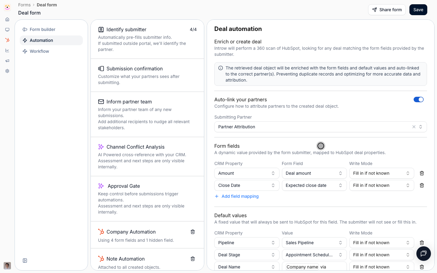 Form fields map to CRM properties: the submitted Amount fills Deal amount, Close Date fills the expected close date. Default values set constants like pipeline and stage.