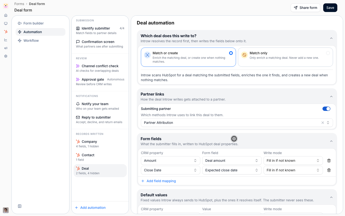 Form fields on the Deal automation: Deal amount fills Amount and Expected close date fills Close Date, each with a write mode.