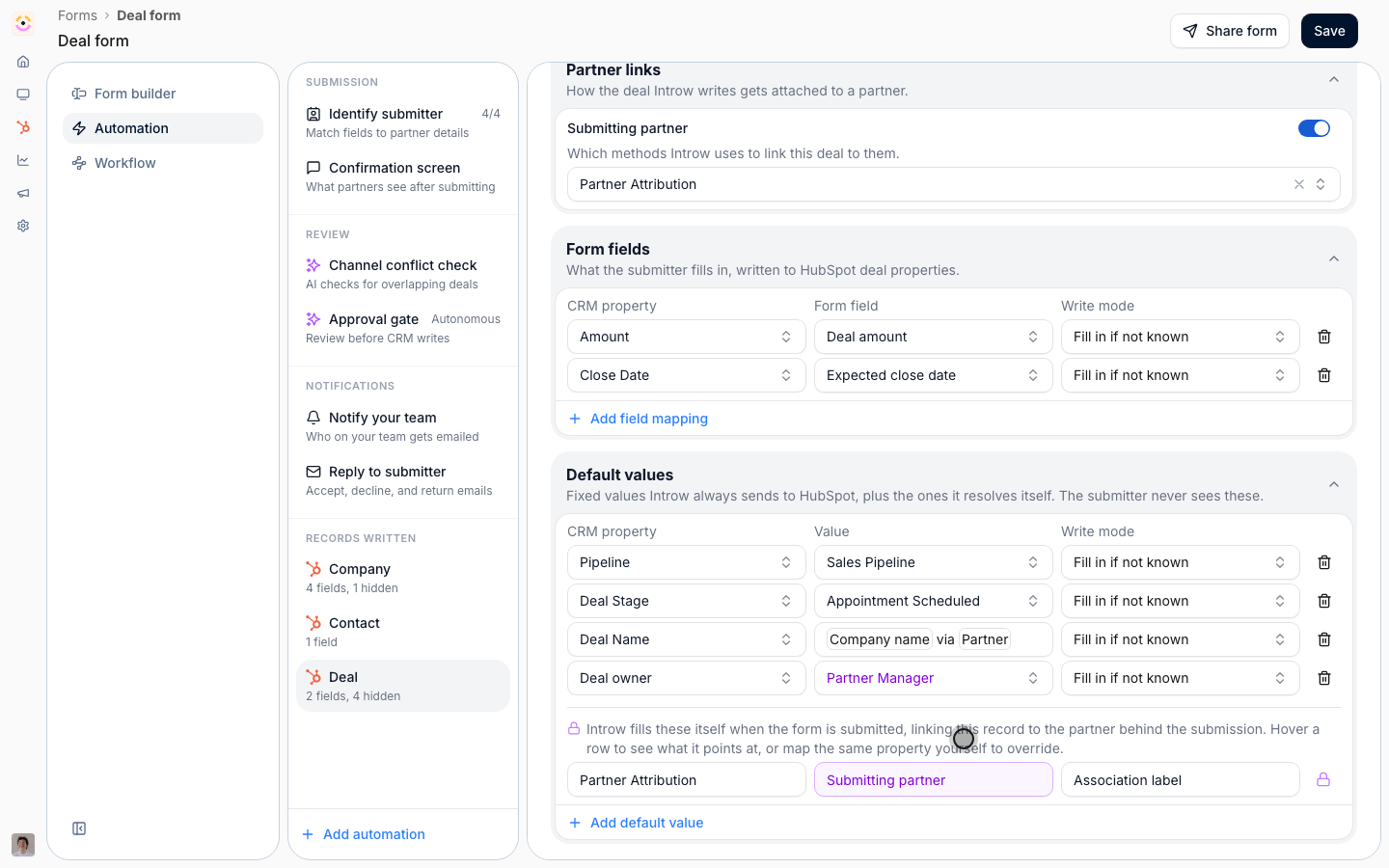 Default values for pipeline, stage, deal name and owner, with a locked Partner Attribution row that Introw fills itself.