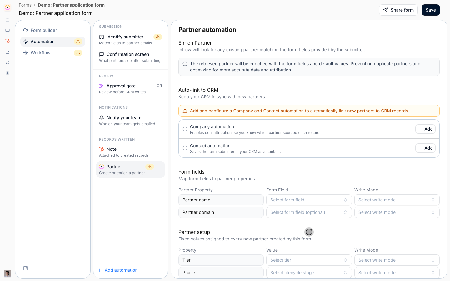 Set the partner's defaults and portal
