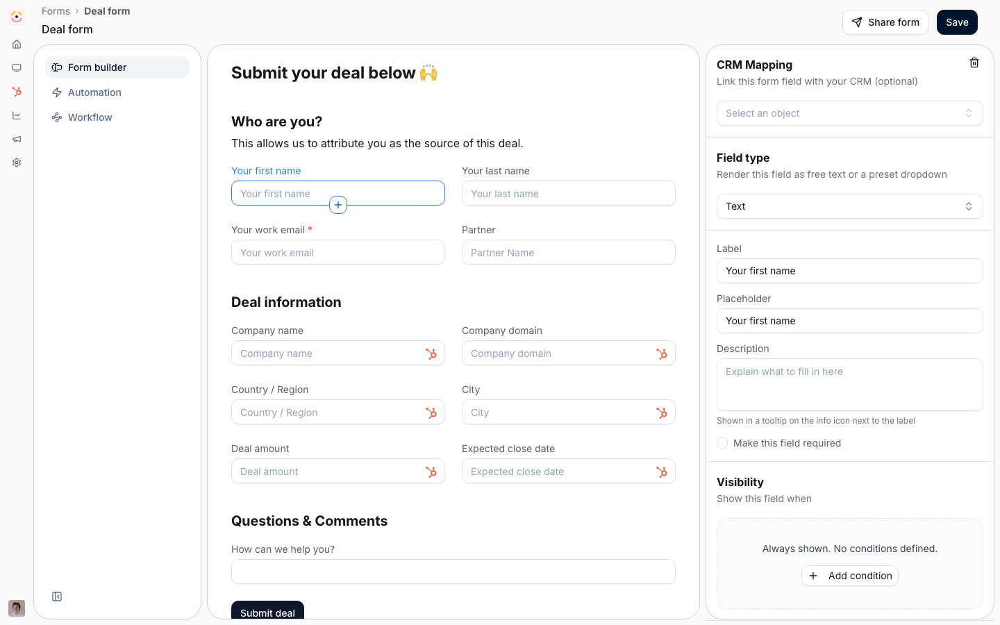 A form open in the builder with its fields listed, each one expandable to the settings where a visibility condition on another answer is added.