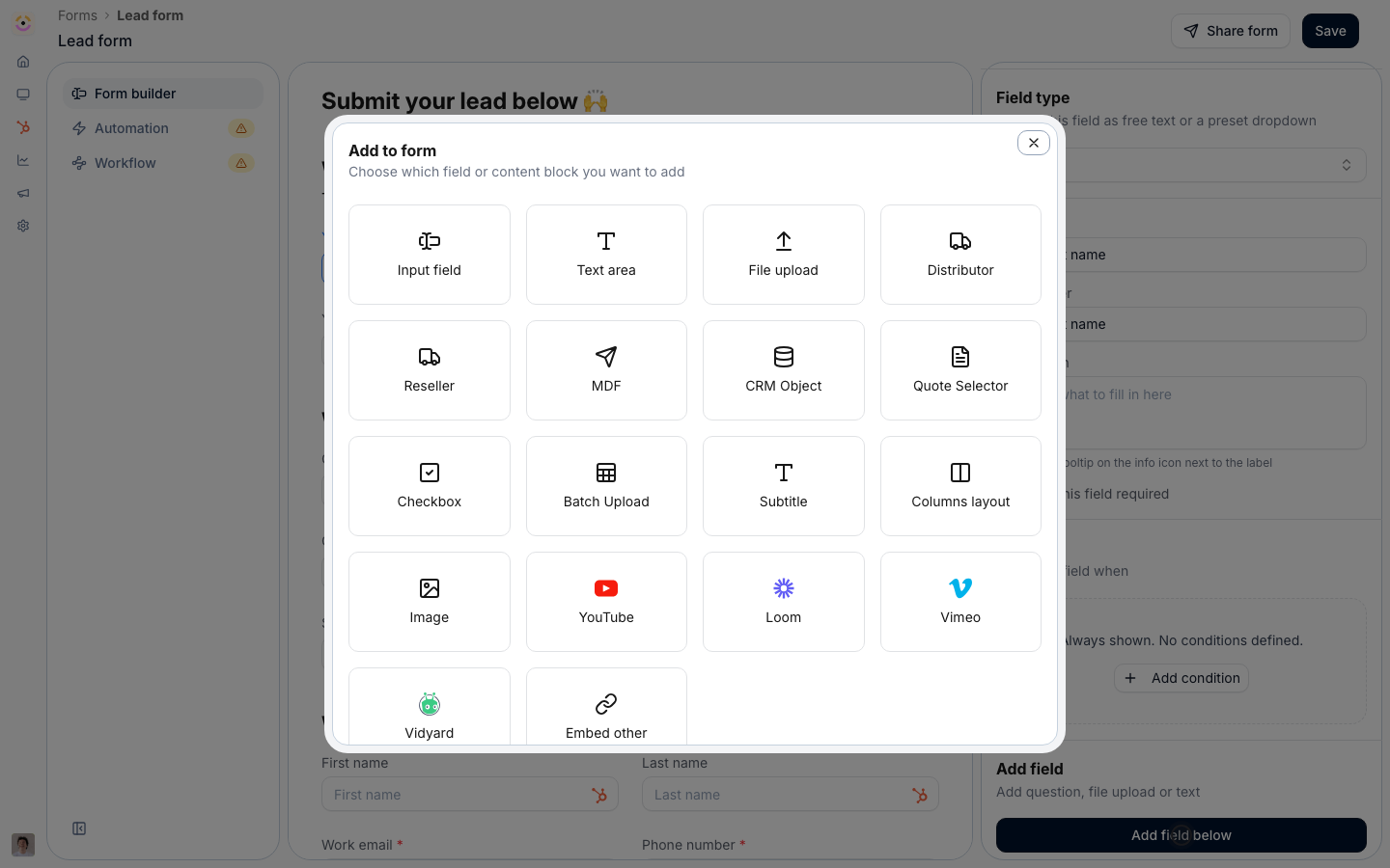 Add field, then Batch Upload: it accepts a CSV of many rows instead of one entry at a time.