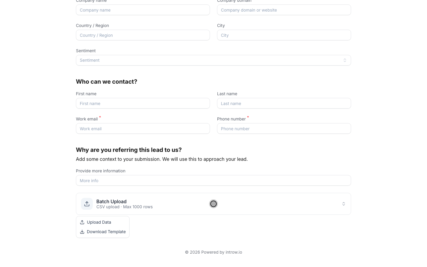 Partners download a template that already matches your fields, or upload a completed CSV.