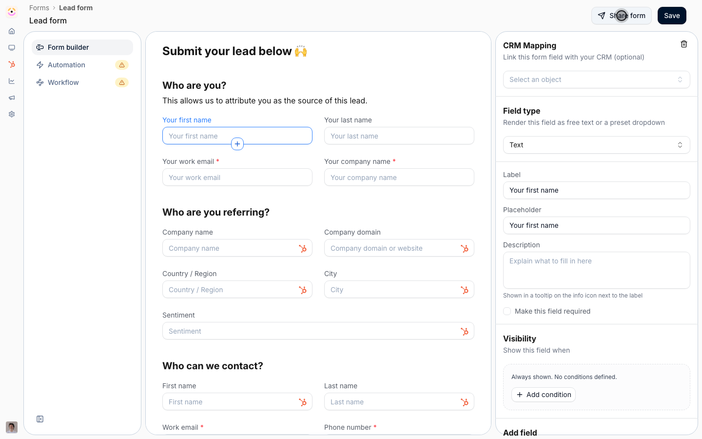 Share form holds every entry point onto this form, including the API.
