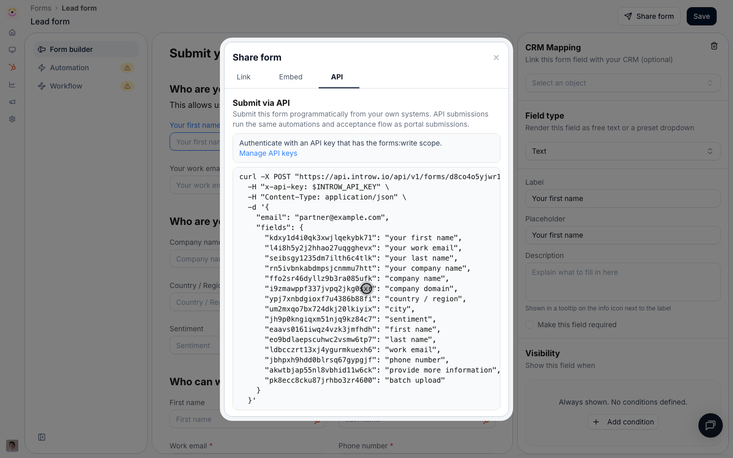 The API tab of the Share form dialog showing the cURL snippet