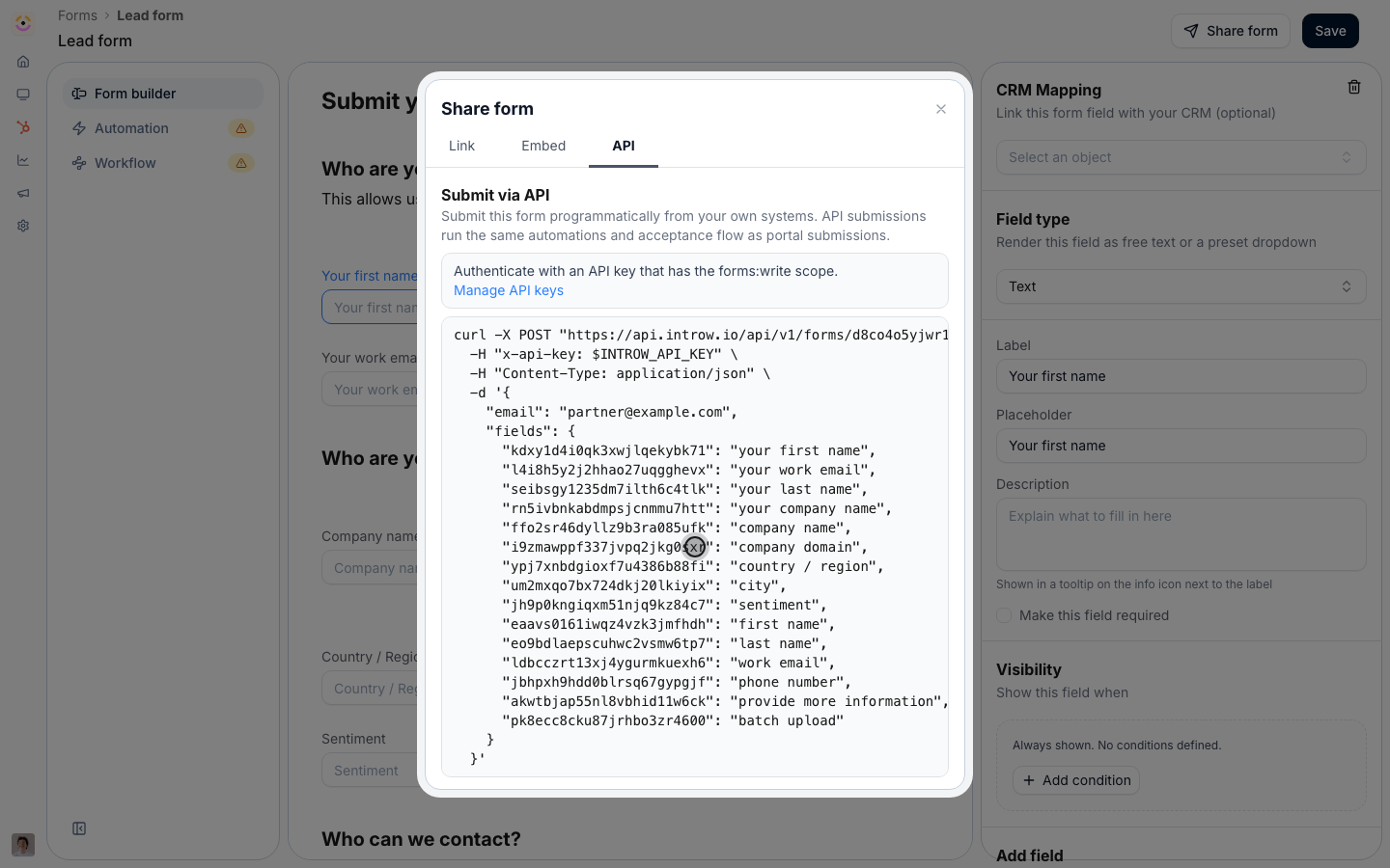 The API tab of the Share form dialog showing the cURL snippet