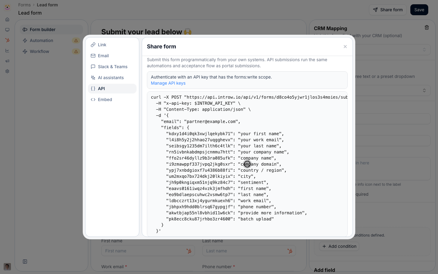 The API tab of the Share form dialog showing the cURL snippet