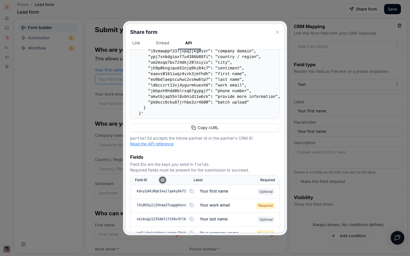 The API tab of the Share form dialog, showing the cURL snippet and the Fields table