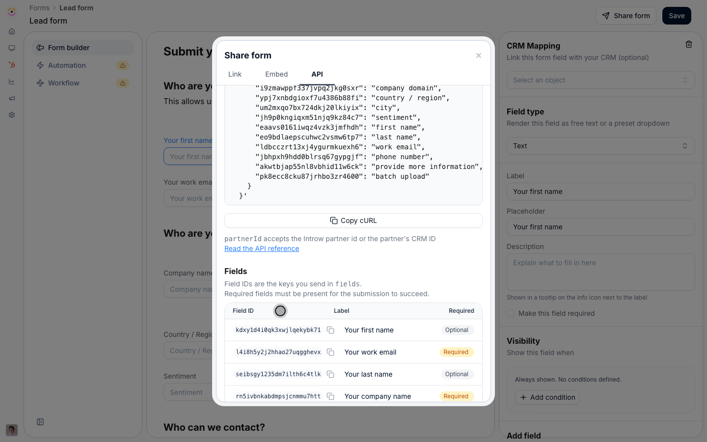 The Fields table in the API tab, listing field ids, labels, and required flags