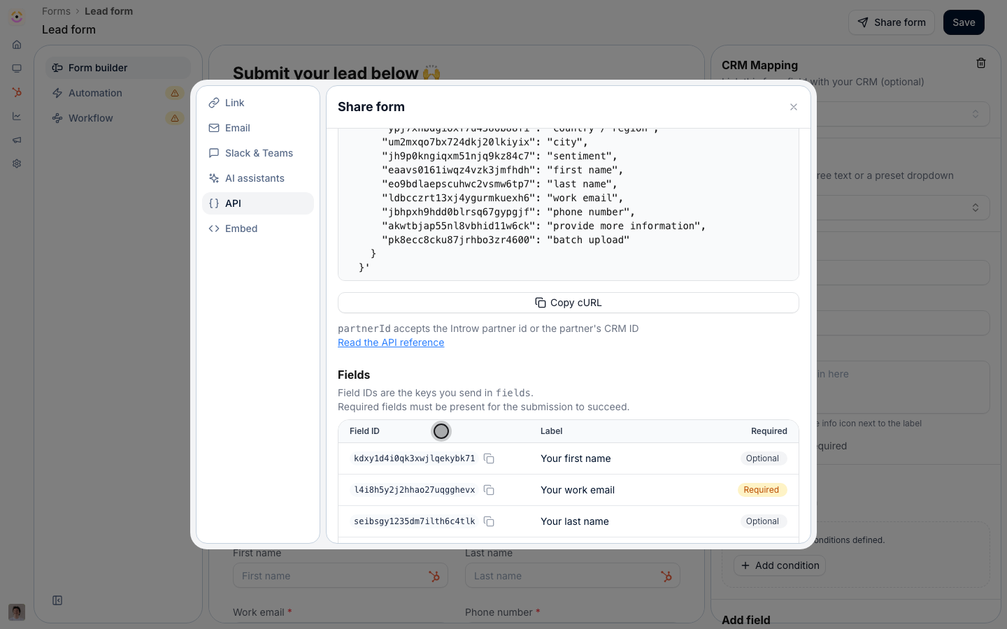 The Fields table in the API tab, listing field ids, labels, and required flags