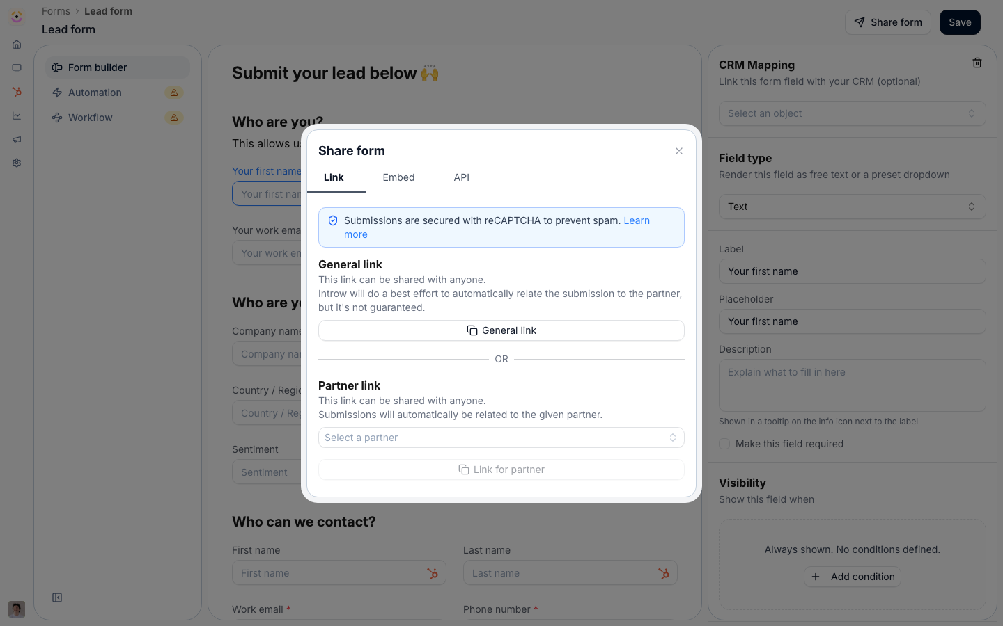The Share form dialog, offering a general link, a per-partner link that attributes every submission, and Embed and API tabs beside them.
