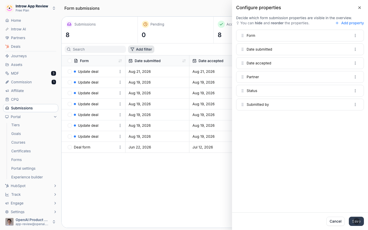 Save so the inbox shows your chosen columns (including custom and CRM fields) for every submission.