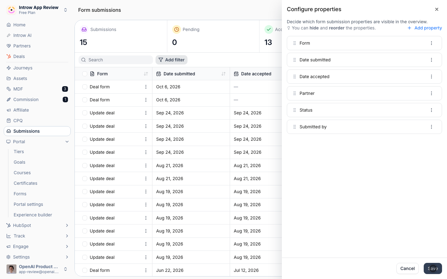 Save so the inbox shows your chosen columns (including custom and CRM fields) for every submission.