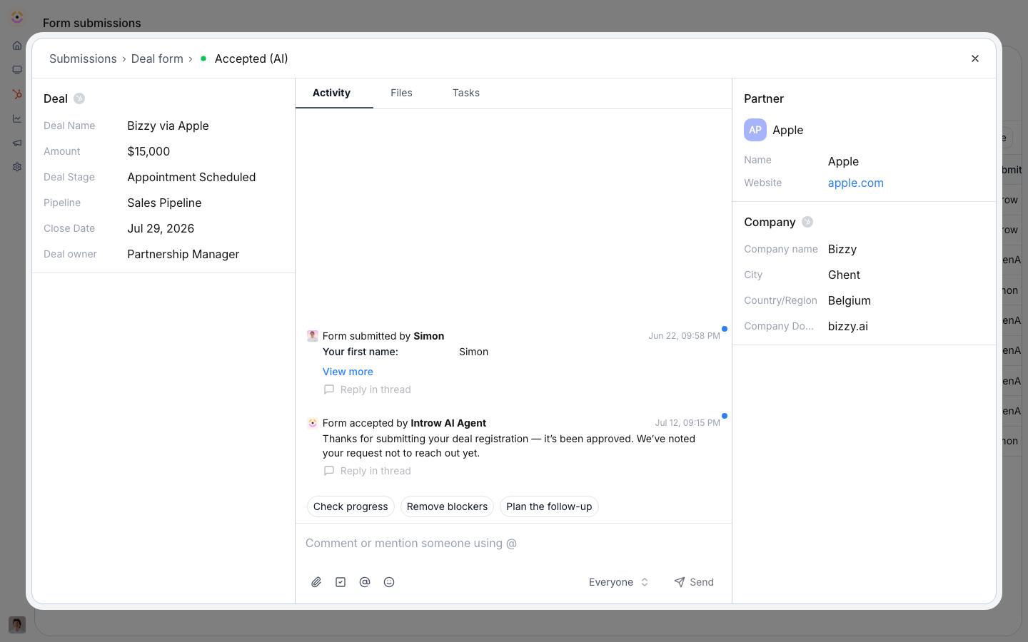 A submission open in the inbox, showing the fields the partner sent, the record it wrote to, and the decision already recorded in its header - here accepted by the AI reviewer.