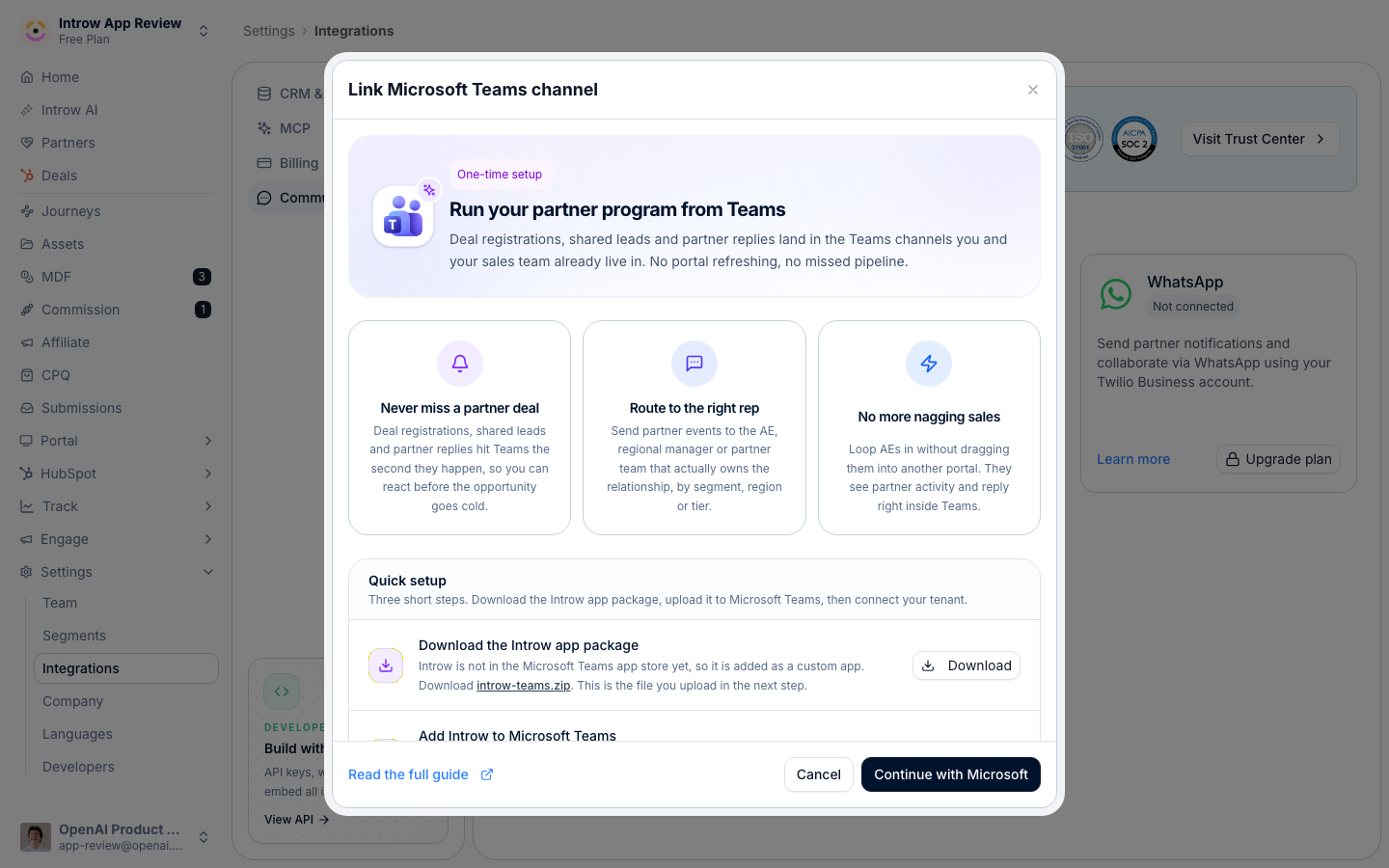 Connect opens the Link Microsoft Teams channel dialog: download the app package, upload it to Teams, then connect your tenant.