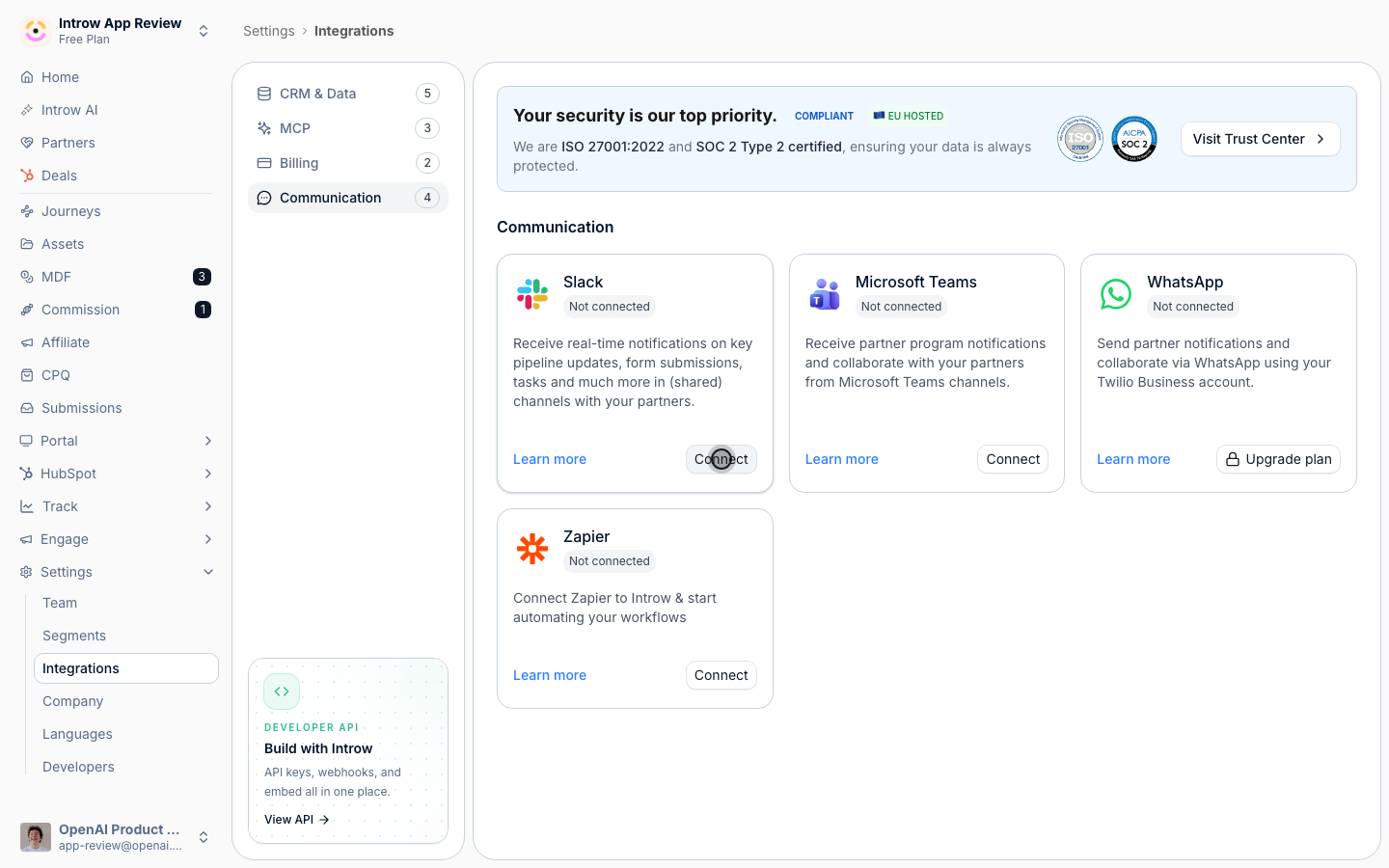 Connect starts Slack's sign-in; back in Introw you then map channels and choose which events post.