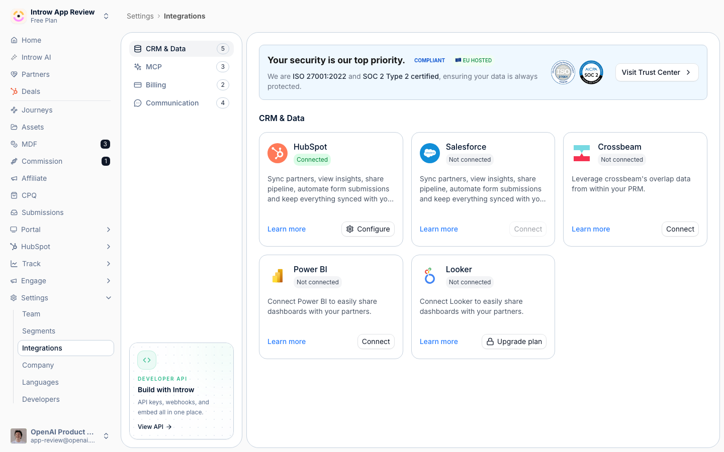 The CRM & Data category on the Integrations page, where the HubSpot tile lives