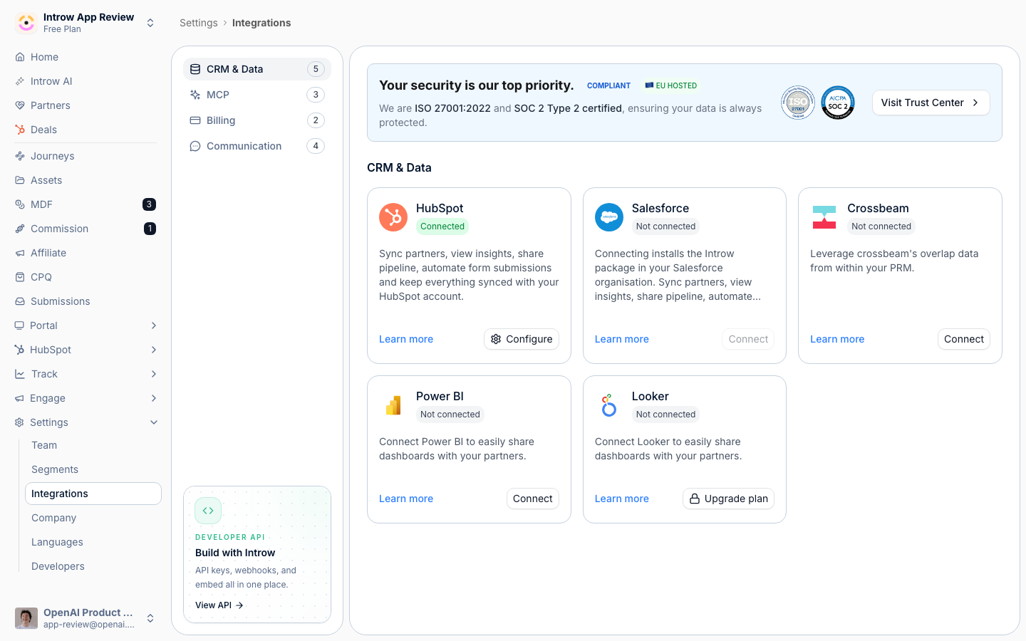 The CRM & Data category on the Integrations page, where the HubSpot tile lives