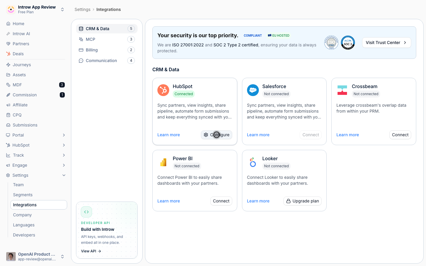 The HubSpot tile on the CRM & Data page, showing its Connect action