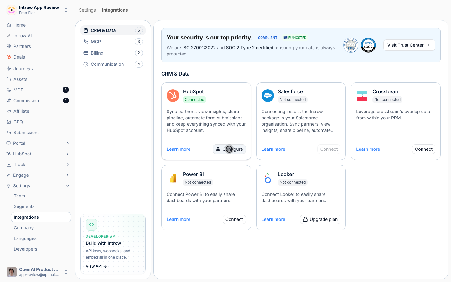 The HubSpot tile on the CRM & Data page, showing its Connect action