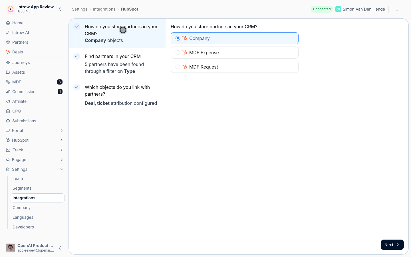 The partner object choice, with Company selected alongside the portal's custom objects