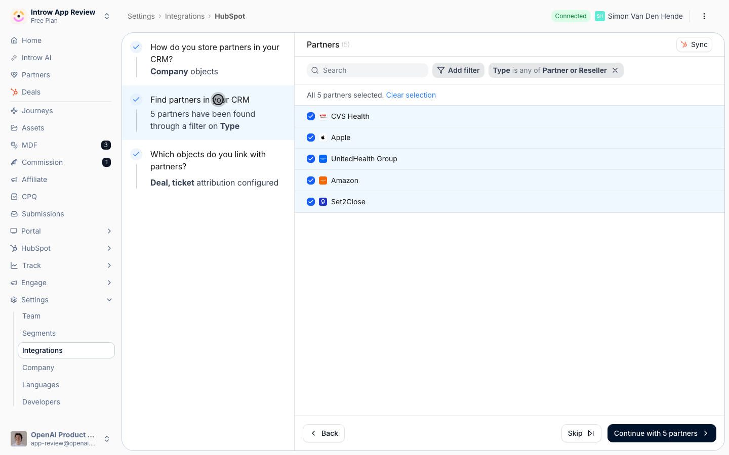 The partner list filtered to Type is any of Partner or Reseller, with all five matching companies selected