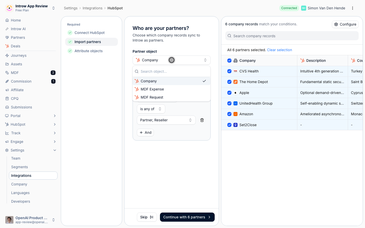 The Partner object menu on Import partners, with Company selected alongside the portal's custom objects