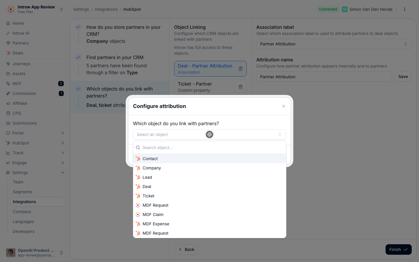 The object picker in the Configure attribution dialog, listing Contact, Company, Lead, Deal, Ticket and custom objects