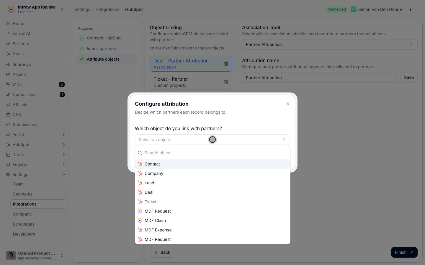 The object picker in the Configure attribution dialog, listing Contact, Company, Lead, Deal, Ticket and custom objects