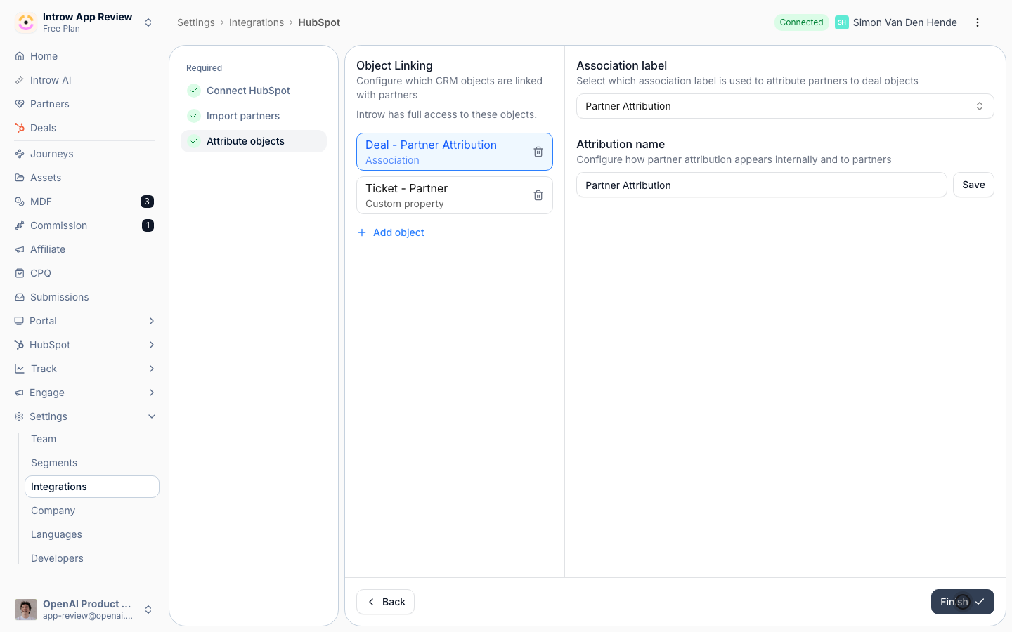 The completed setup with partners imported and attribution configured, and the Finish button ready