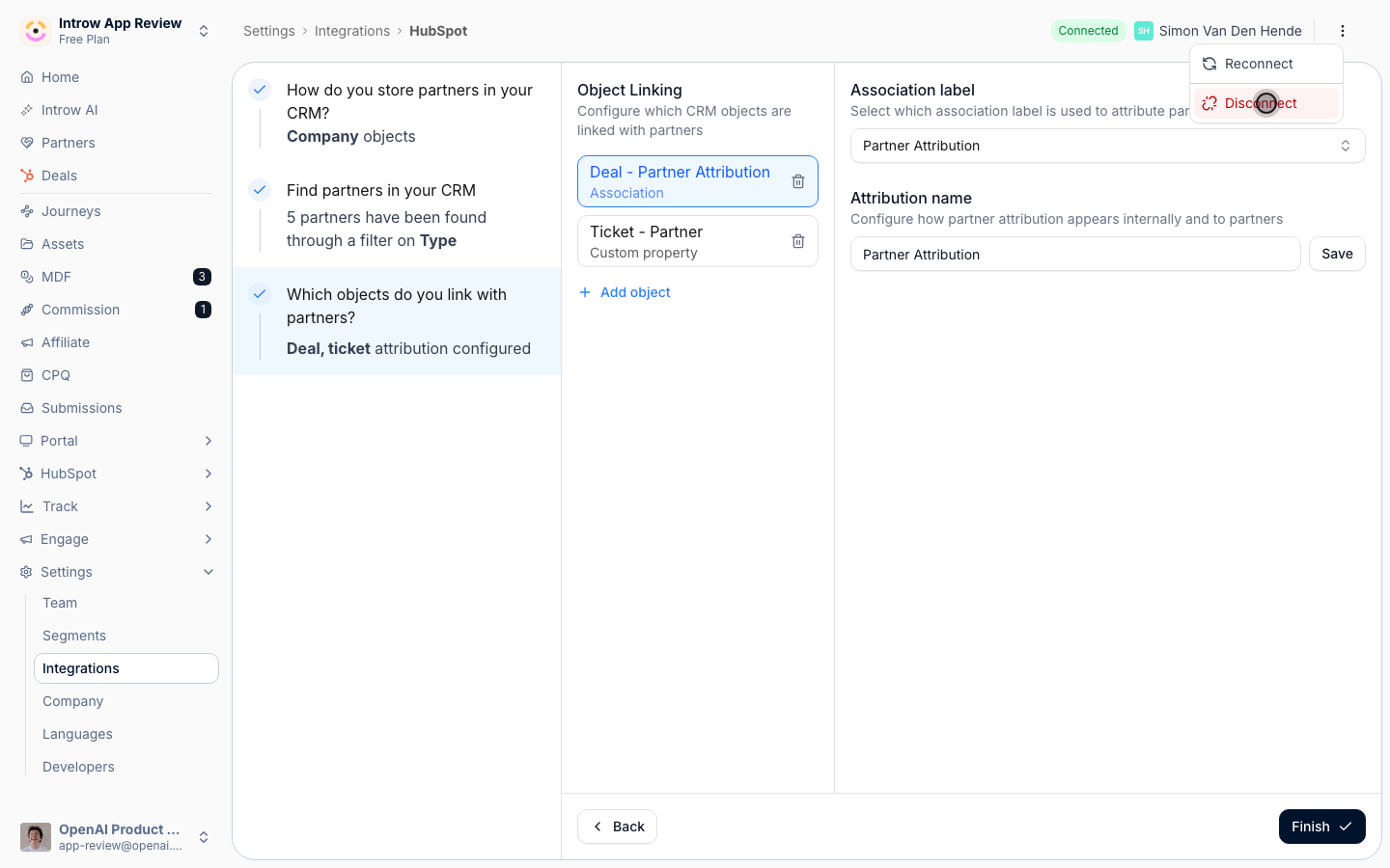 Disconnecting stops all sync and unlinks attribution, so Introw asks you to confirm first.