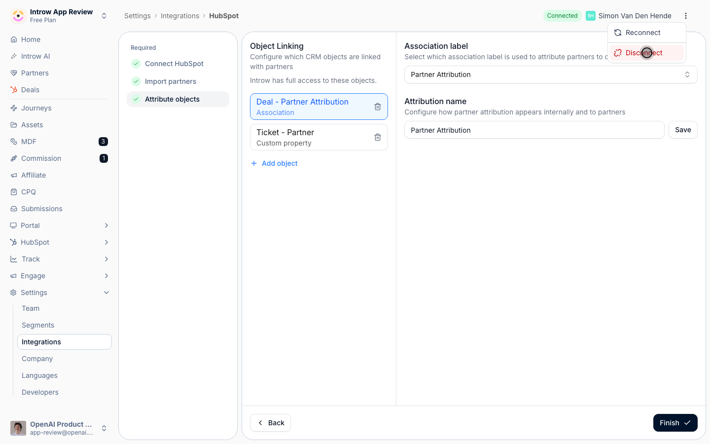 Disconnecting stops all sync and unlinks attribution, so Introw asks you to confirm first.