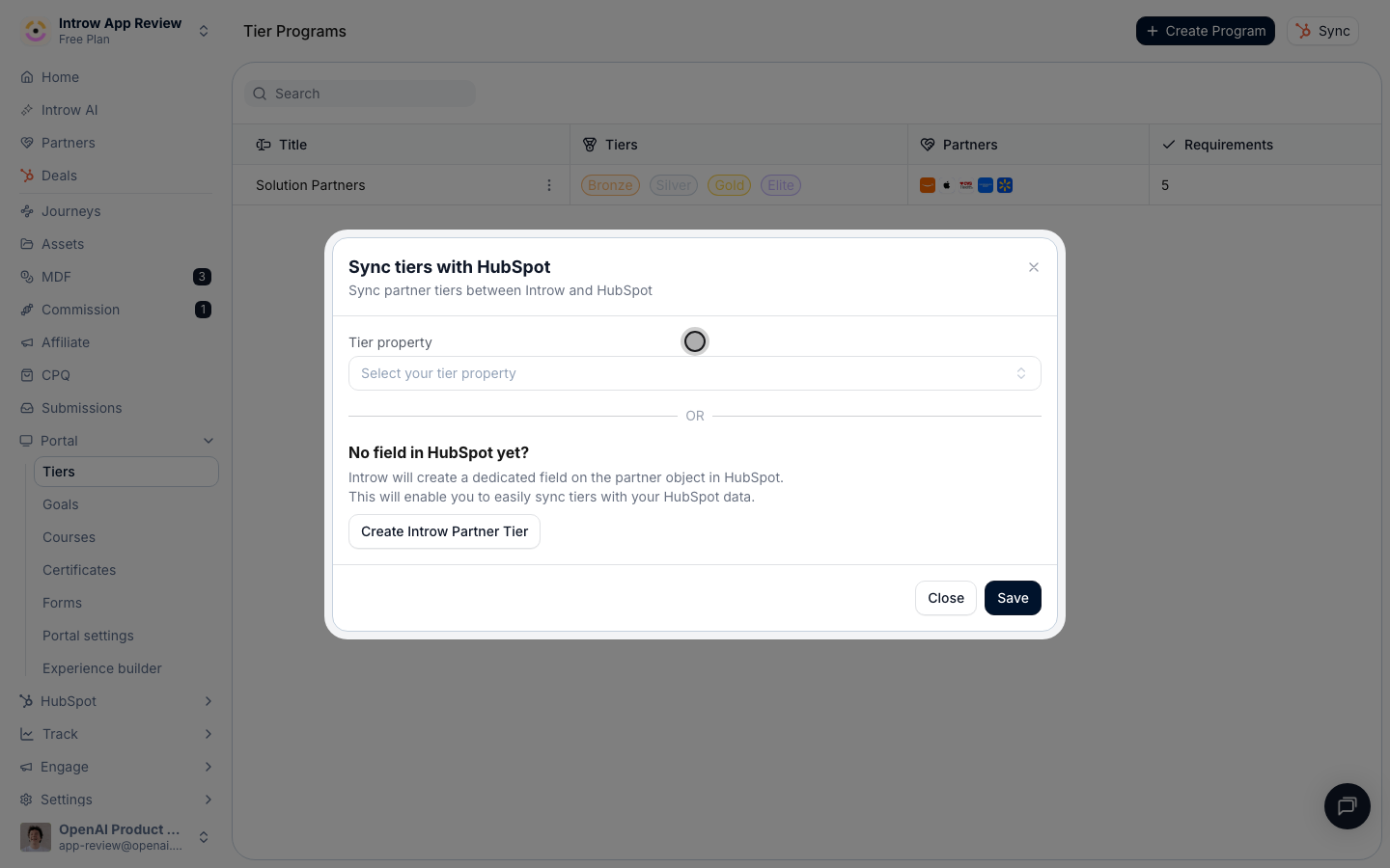 Choose the CRM property that stores each partner's tier. On HubSpot, Introw can create the field for you.