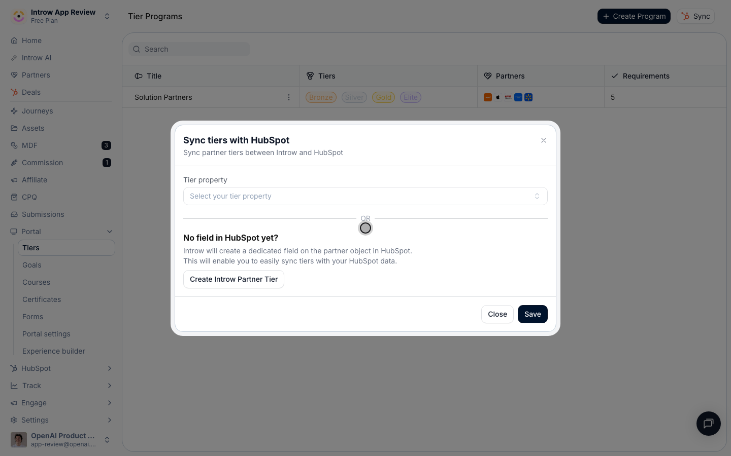 A table maps each tier to the value written into the CRM; Save pushes current tiers back to partner records.