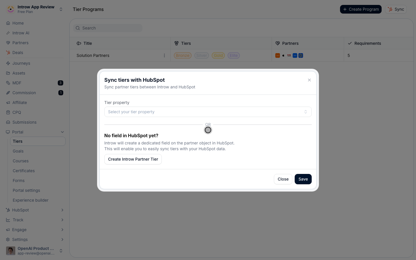 A table maps each tier to the value written into the CRM; Save pushes current tiers back to partner records.
