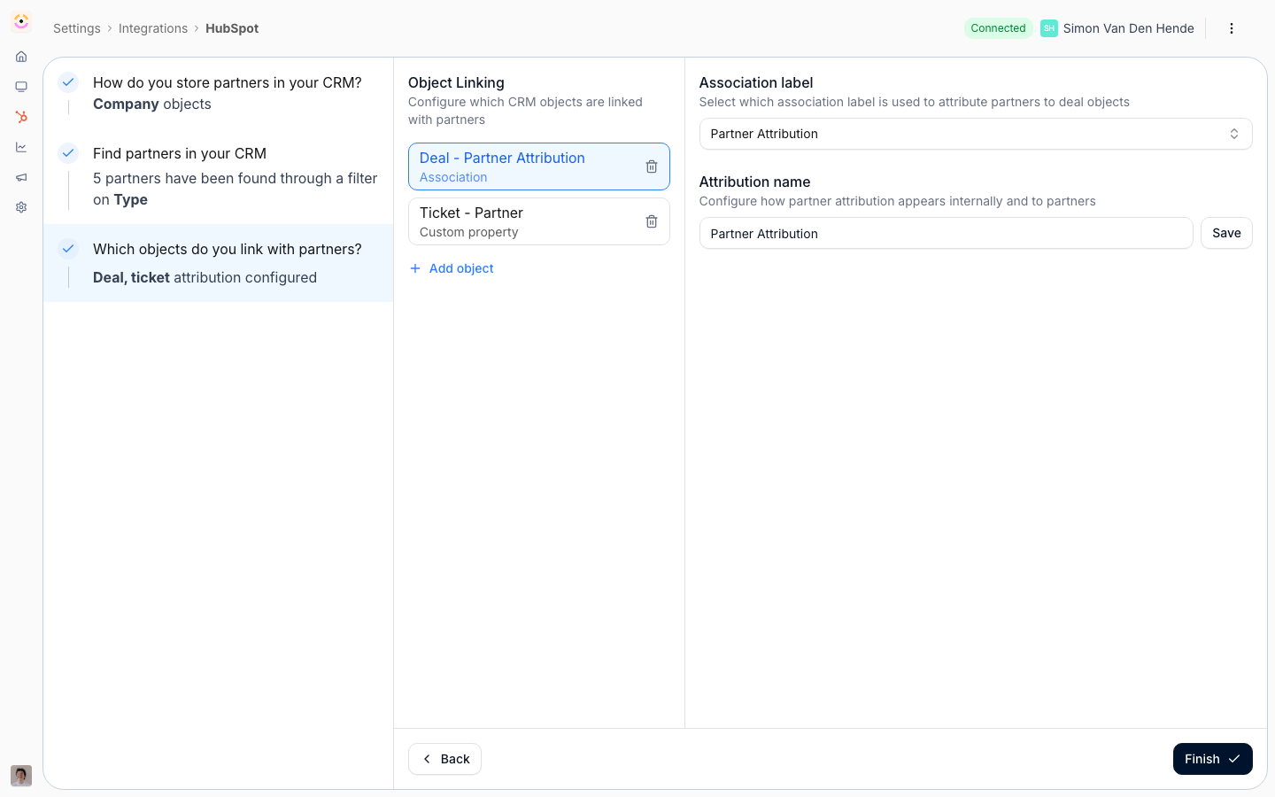The HubSpot integration's own setup: where partners are stored in the CRM, the filter that finds them, and which objects are attributed to a partner under which association label.