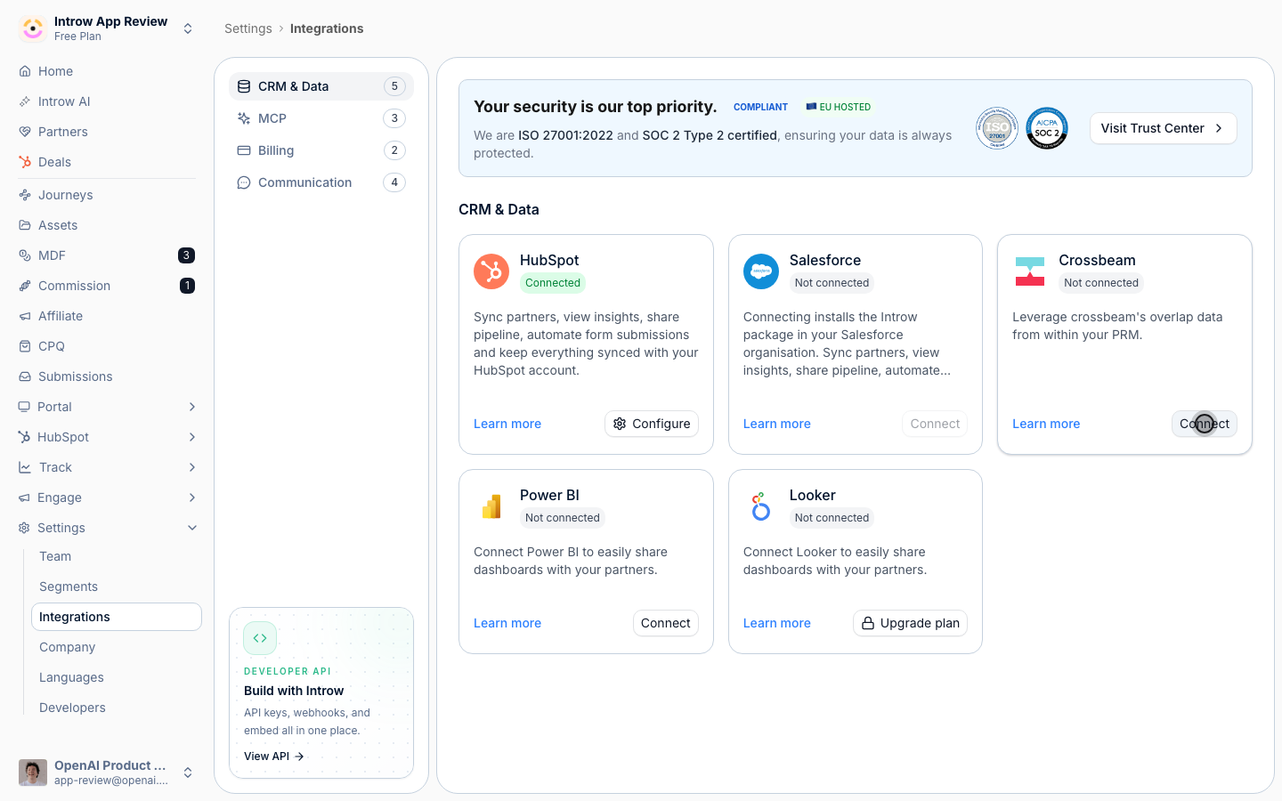 Connect authorizes Crossbeam over OAuth.