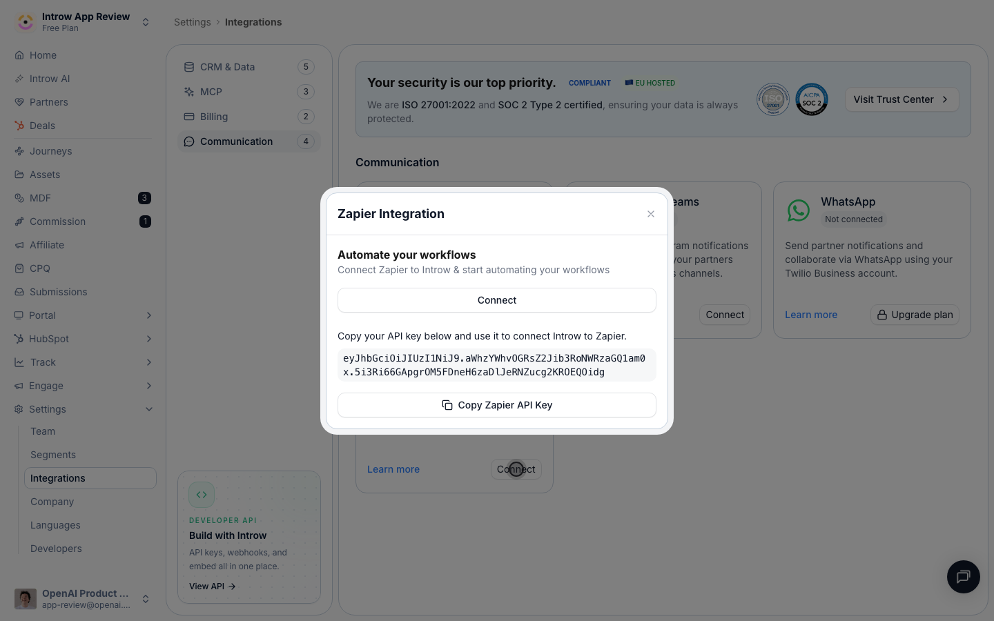 Open Zapier to reveal your API key.