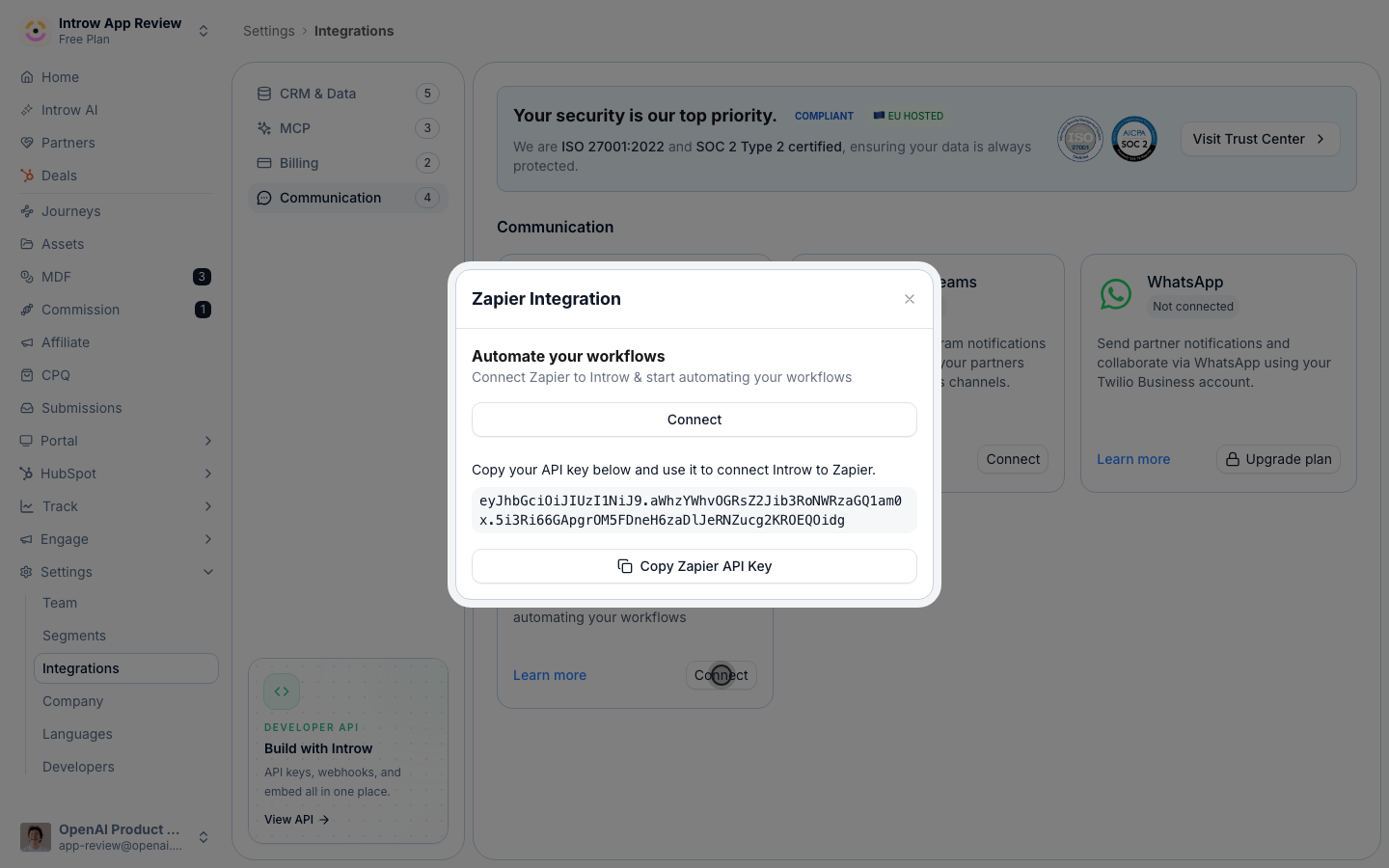 Open Zapier to reveal your API key.