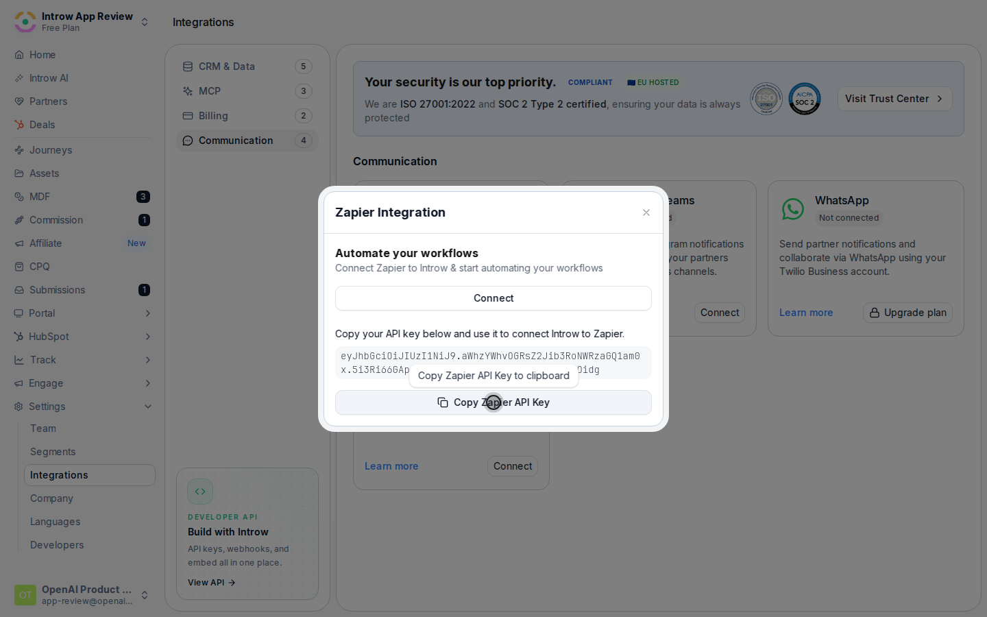 Copy your Zapier API key
